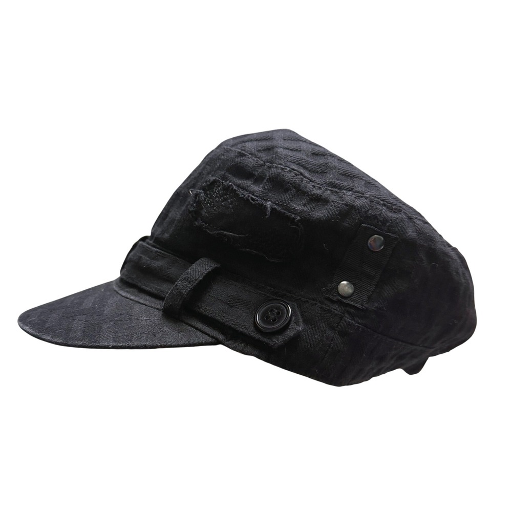D&Y Cadet Newsboy Cap Hat Black Plaid Cotton Military 2000s